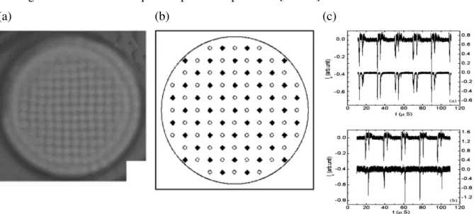 Figure  2-4  Structure  carrée  obtenue  par  Dong  et  col  [Don-2]  résultant  de  la  superposition  de  deux  structures  carrées, Argon U=2.4 kV, épaisseur du gap de d=1.5 mm: (a)  Image de la décharge accumulée sur 40 ms ;(b)  Schématisation de la su