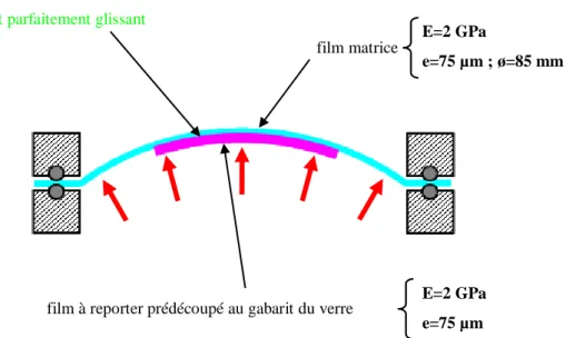 Figure II-24 : Données physiques du film matrice et du film à reporter intégrées au modèle numérique du  gonflement «petite surface»‘  