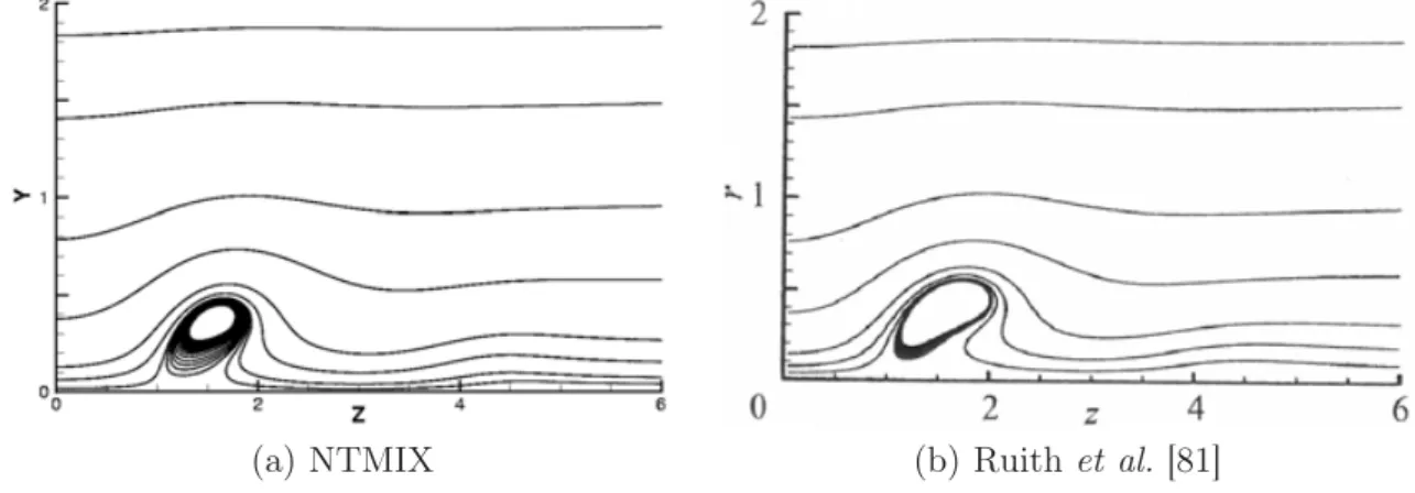 Fig. 2.18 – Lignes de courant dans le plan médian pour l’état quasi-stationnaire. Conﬁguration (S = 1.095, α = 1)