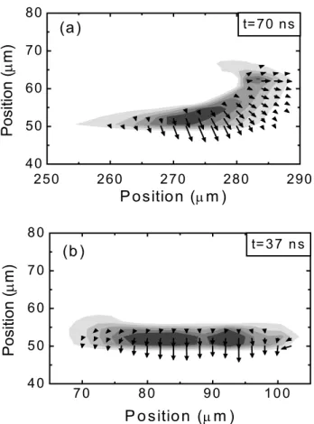 Figure III-8 :  Force exercée par la décharge sur le gaz (flèches), et charge d’espace (niveaux de gris)  pour une tension appliquée de +/- 1.2 kV, a) quand l’anode est au-dessus du diélectrique, à l’instant   t=70 ns (voirFigure III-3), et, b), quand la c