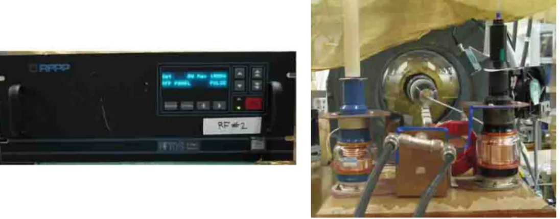 Figure 3.8: Power delivery system including the 13.56 MHz RF generator (left) and L-type matching network (right).