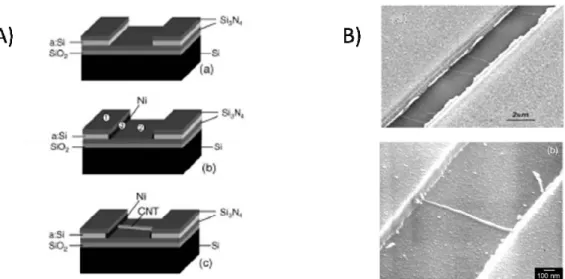 Figure I.40 : A) Procédure de fabrication d’un MNTCs horizontal et image MEB: a) SiO 2  (100nm)/ Si 3 N 4