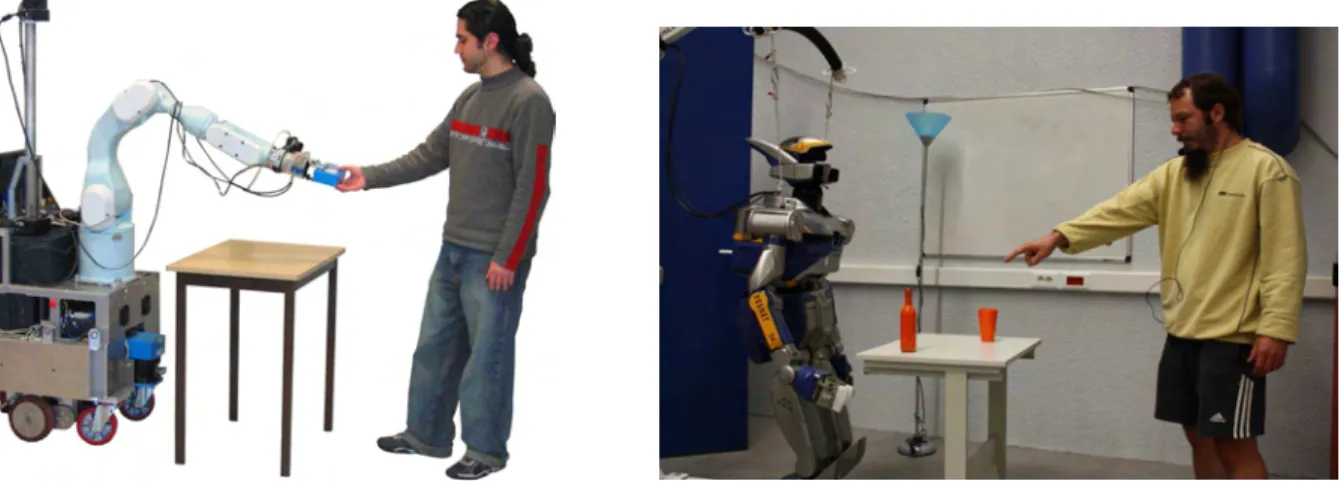 FIG. 1: Nos robots Jido (à gauche) et HRP-2 (à droite) lors d’une interaction.