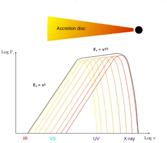 Figure 2.4: Schematic representation of the spectrum resulting from the superposi- superposi-tion of blackbody components originating from individual rings in the optically-thick accretion disc.