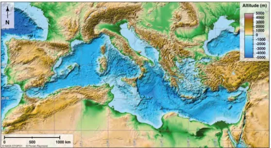 Figure 1.1 – Topographie et bathymétrie du bassin méditerranéen, image issue de Raymond et al (2018).