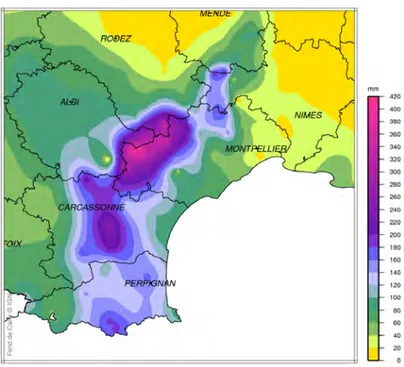 Figure 1.2 – Cumuls de pluie 24 h pour l’événement du 14 au 15 octobre 2018 dans le Languedoc- Languedoc-Roussillon, source : Météo-France.