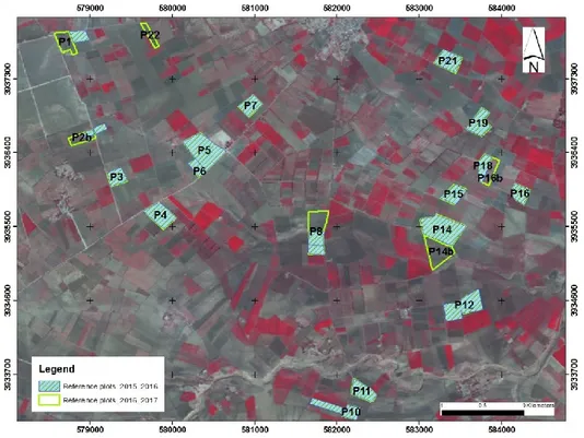 Figure 2. Location of reference fields on the study site (Landsat image).  Table 1. Land cover during 2015–2017