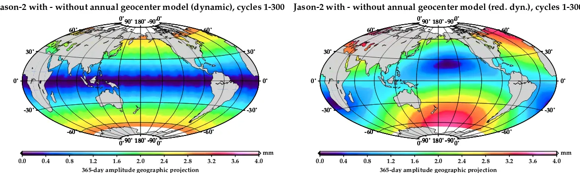 Figure 4.1: Jason-2 geographically correlated radial difference 365-day signals (Cycles 1–300 ; July 2008–August 2016), between DORIS-only orbit series  inclu-ding or not the SLR-derived Ries annual geocenter model, for dynamic (left) and reduced-dynamic (right) solutions, over 3.5 ◦ × 3.5 ◦ bins.