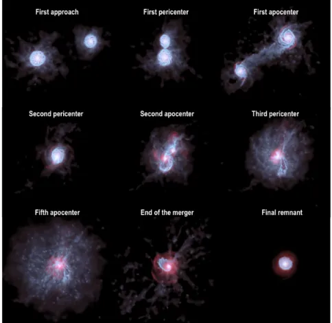 Figure 3.7: From hydrodynamical simulations, the time sequence of a galaxy merger event