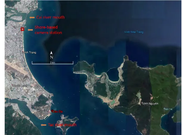 Figure 2.3: Satellite image of Nha Trang bay where the location of Nha Trang city is marked.