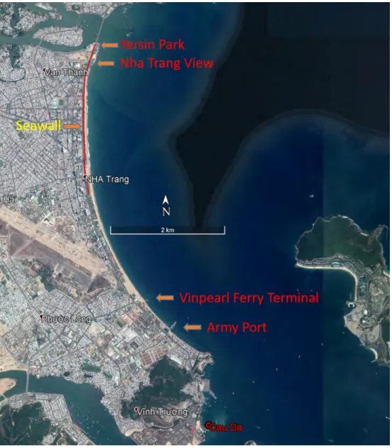 Figure 2.9: Location of some of the constructions along the shoreline of Nha Trang beach (Google Earth Pro).
