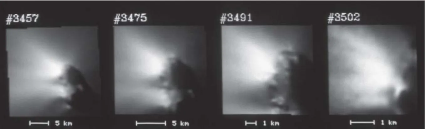 Figure 1.6: Six pictures of comet 1P/Halley taken by the Halley Multicolour Camera (HCM) in March 1986.