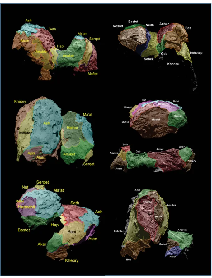 Figure 3.7: The regions boundaries and names of 67P/C-G’s northern hemisphere (left side) and southern hemisphere (right side)