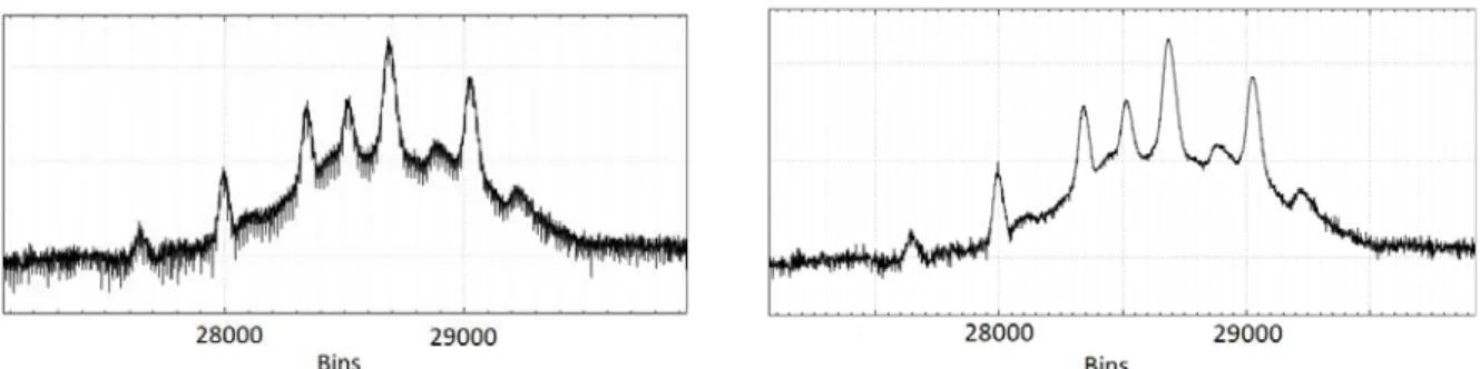 Figure 5.2: Denoising of the ADC pattern. Zoom on a SS spectrum before (left) and after (right) ADC correction.