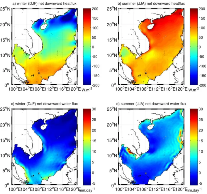 Figure 1.5 Climatological seasonal net surface heat and water flux distribution in the  SCS (computed from NCEP CFSR dataset for the period 1991-2004).