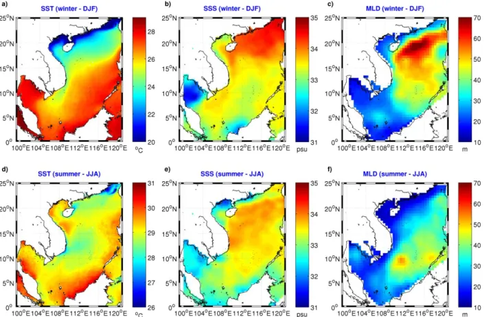 Figure 1.14: Seasonal maps of SST, SSS and MLD in the SCS. Winter 