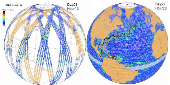 Figure 1.11 – Couverture spatiale de SWOT pour 5 jours de mesures (gauche) et pour un cycle complet (droite)
