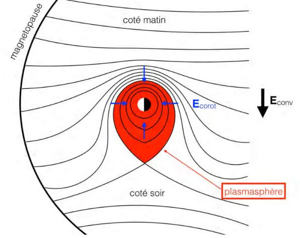 Figure 1.19 – Coupe équatoriale de la magnétosphère. Les lignes noires repré- repré-sentent les équipotentielles du champ électrique
