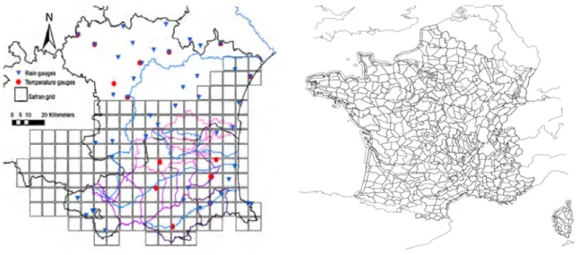 Figure 2.11: SAFRAN final grid and distribution of rain and temperature gauges for the southeast of France [ Chaouche et al., 2010 ] and SYMPOSIUM II sectioning of France in 615 areas [ Moigne, 2002 ]