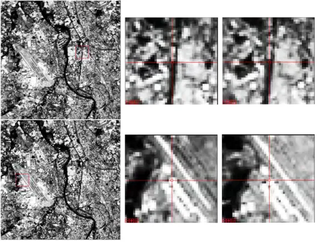 Figure 2.12: Orthorectification error illustration with different land cover types: water areas (water canal intersected by bridge, top images) and impervious surfaces (plane parking area, bottom images)