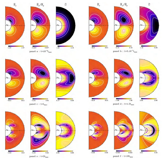 Figure 3.3 – Coupes méridiennes à diﬀérents temps de r Bϕ , r Bϕ { r Bp et r Ω pour le cas de