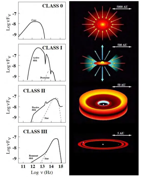 Fig. 1.3 shows the classification of proto-stars as a function of the spectral energy distribution of the dust continuum emission (Adams et al., 1987; Andre et al., 1993; Andre and Montmerle, 1994; Andre, 1994).