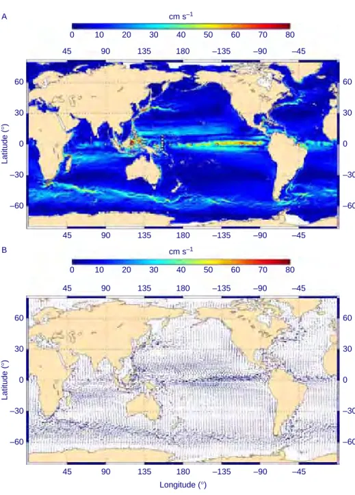 Fig. 2 Amplitude (A) and vector representation (B) of the total surface current (in cm s -1 ) averaged for the 2000 – 2008 period and based on the present combination of geostrophic and wind-driven estimates