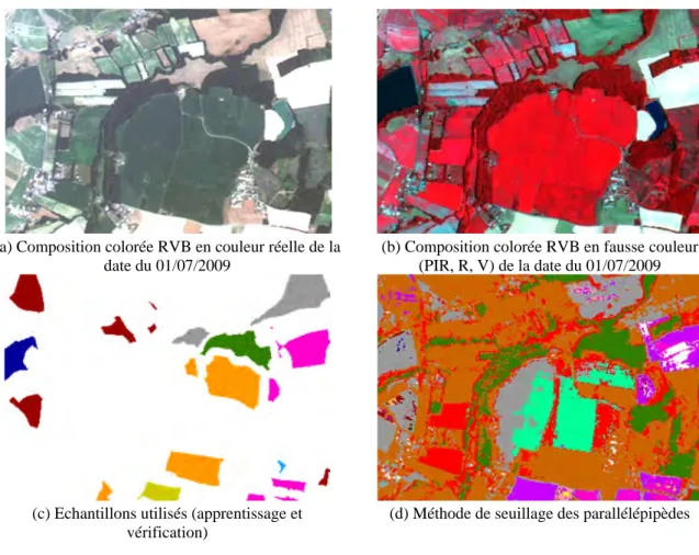 figure I.47 : Applications aux images Formosat-2 année 2009, (a) et (b) exemples de compositions colorées, (c)  les échantillons utilisés pour la classification et la validation et (d) le résultat de la classification pour la méthode 