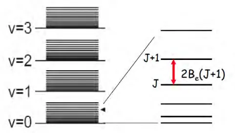 Figure 1.6 – Niveaux d’´ energie vibrapportnnels (v=n, n entier) et rotationnels (J et J+1) d’une mol´ ecule diatomique