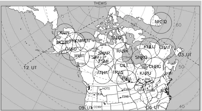 Figure 2.10 : Carte du réseau de magnétomètres et imageurs auroraux. Les cercles sont les champs