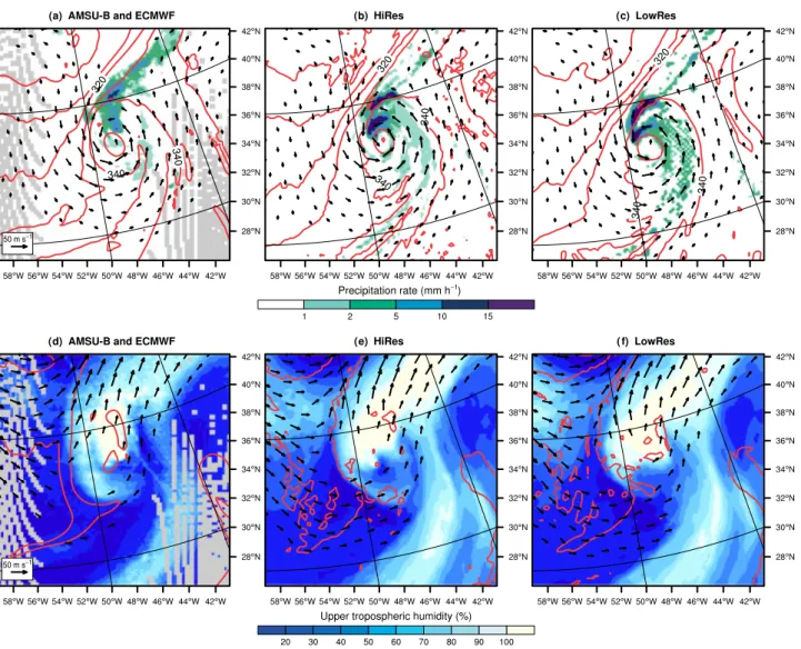 Figure 6. (a–c) Precipitation rate (shading, mm h −1 ), 925 hPa θ E (contours every 10 K) and 925 hPa wind (vectors above 10 m s −1 )