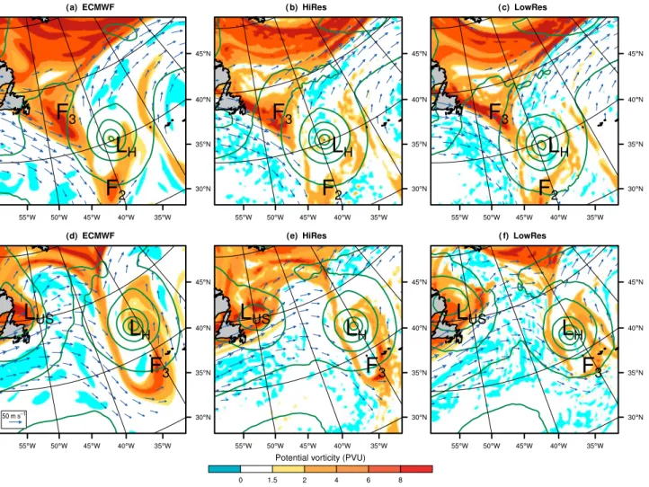 Figure 9. 250 hPa potential vorticity (shading, PVU), 250 hPa wind (vectors above 30 m s −1 ) and MSLP (contours every 10 hPa) at (a–c) 1200 UTC 24 September (t + 60) and at (d–f) 1200 UTC 25 September 2006 (t + 84)