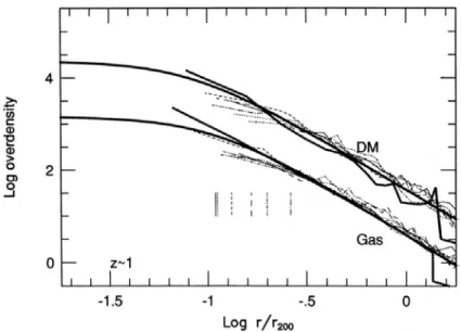 Figure 2.3 – Proﬁls universels de densités de matière noire et de gaz en unité de rayon d’échelle ( Navarro et al