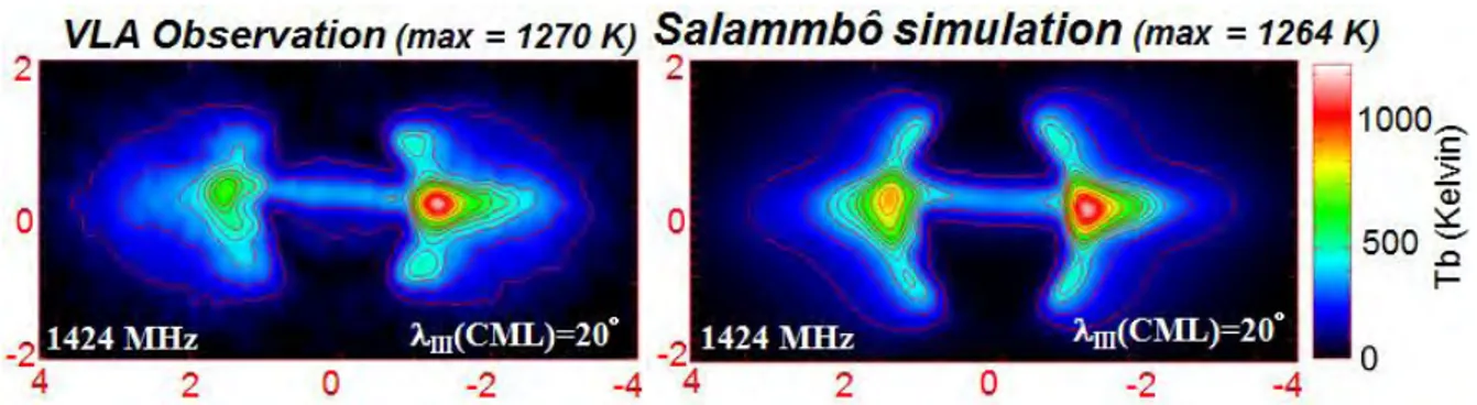 Figure 4.1-4 Comparaison entre les observations des ceintures de radiations faites par le VLA et les prévisions du modèle  Salammbô (crédits: ONERA) 