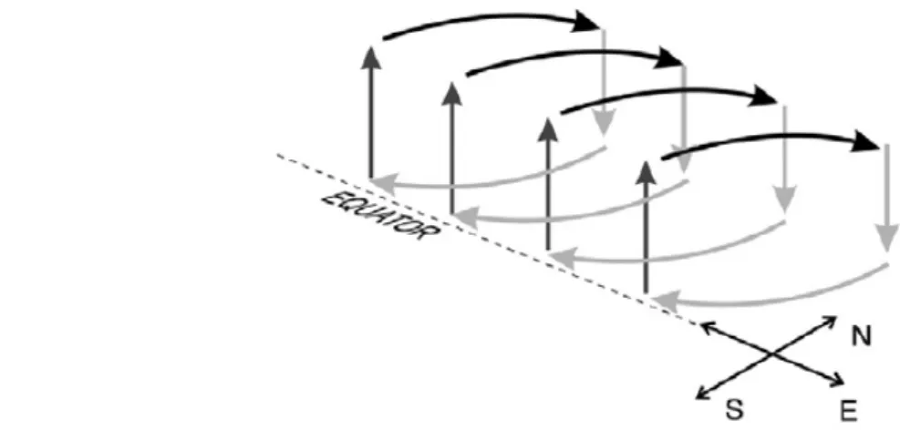 Figure 4. Représentation schématique de la cellule de Hadley tropicale de l’hémisphère Nord (une cellule inverse   est visible dans l’hémisphère Sud)