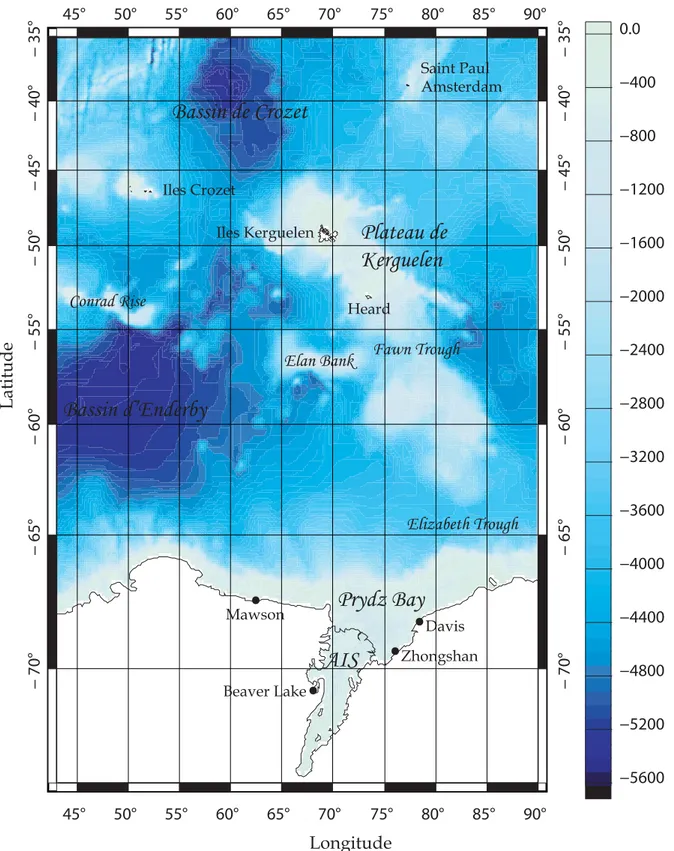 Fig. 1.2 – Zone d’´ etude et ses diﬀ´ erentes caract´ eristiques g´ eographiques. La bathym´ etrie (en m` etres) est repr´ esent´ ee en fond bleu.