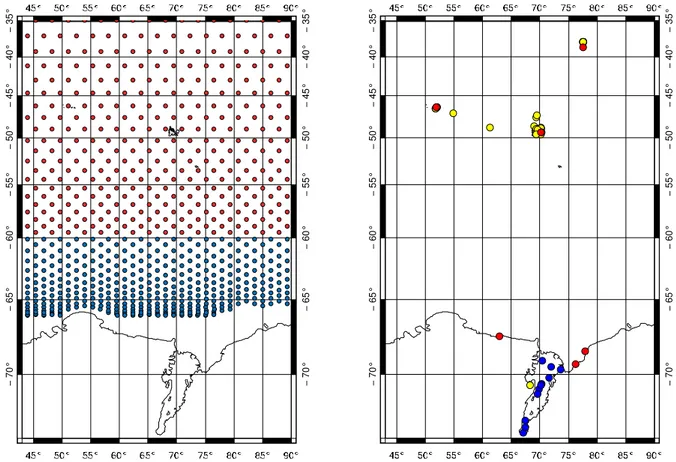 Fig. 2.1 – A gauche (a) : points de croisement du satellite Topex-Pos´ e¨ıdon. Seuls les points situ´ es au Nord de 60˚S (en rouge) sont utilis´ es pour la validation