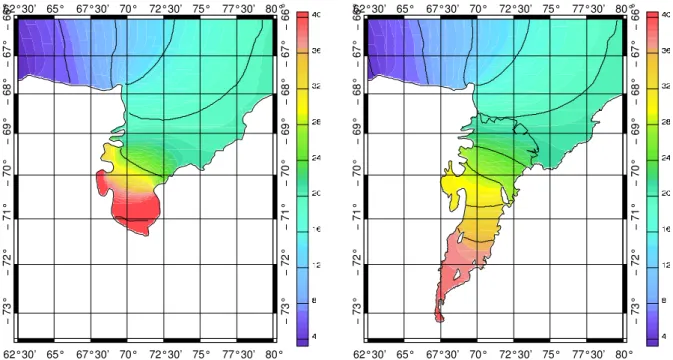 Fig. 2.8 – Amplitude de M 2 r´ esultant de la simulation avec la bathym´ etrie GEBCO (a, gauche) et celle issue de (Fricker et al., 2002) (b,droite).