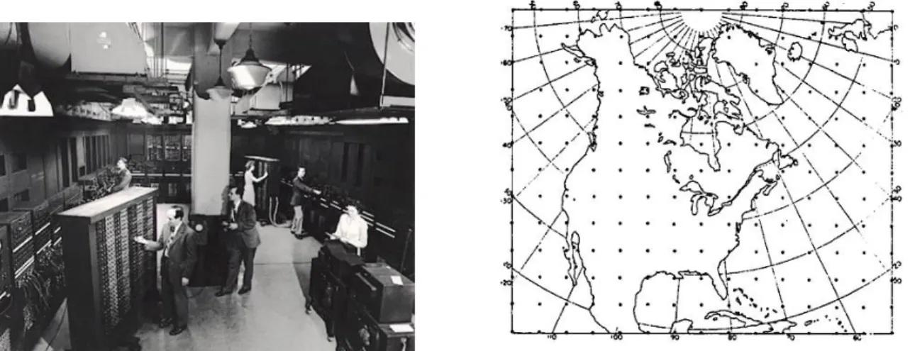 Fig. 1.7  Calculateur ENIAC et ces techniciens (à gauche) et grille du modèle de Charney (à droite)