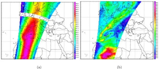 Fig. 2.20  TB observées pour les canaux AMSU-A7 pointant sur la tropopause (a) et AMSU-B3 pointant dans la haute troposphère (b), le 10 novembre 2001 à 02 UTC