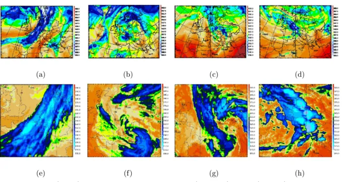 Fig. 3.1  TB (en K) observées dans le canal WV (en haut) et IR (en bas) de MVIRI par METEOSAT pour les cas RHIN (a et e), HOEK (b et f), ELBE (c et g) et MUNIC (d et h) à 40 km (en haut) et 10 km (en bas) de résolution.