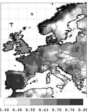 Figure 6: Linear correlations over the 1951-2000 period between reconstructed and observed pre- pre-cipitation over Europe (CRU TS 2 data set).