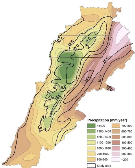 Figure 14. Mean annual temperature depends on altitude as well as yearly rainfall  rate (prepared using the “Atlas Climatique du Liban” CAL 1971, 1973 and 1983)
