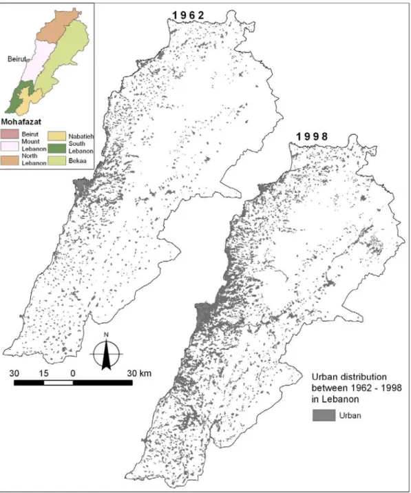 Figure 15. Urban distribution overall the Lebanese territory between 1962 and  1998; Administrative districts in Lebanon (top left) (prepared from topographic maps 