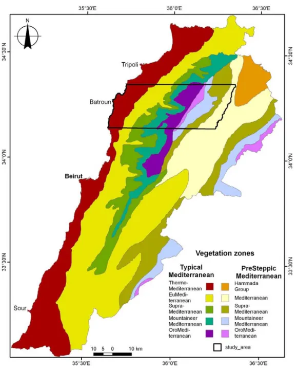 Figure 17. The study area across the main vegetation zones of Lebanon (modified  from Abi Saleh and Safi, 1998)