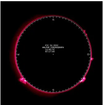 Fig. 5.15: Observation du Soleil avec le coronographe du Pic du Midi en Hα, le 13 Mars 1997