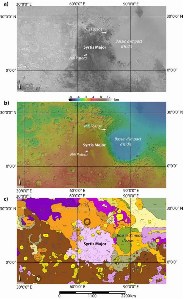 Fig. 2.15 – Contexte général de la zone volcanique de Syrtis Major : a) Images Viking (Mars Global Digital Image Mosaic, MDIM 2.1) ; b) Topographie MOLA ; c) Extrait de la carte géologique globale