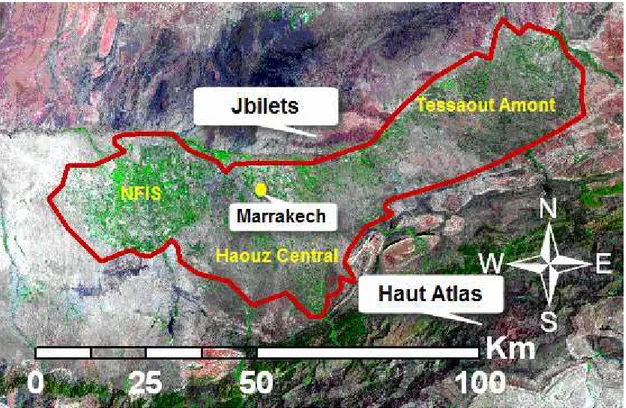 Figure II.6: Plaine du Tensift. La zone d’étude est délimitée en rouge                 (Image Landsat à 30 m de résolution spatiale)