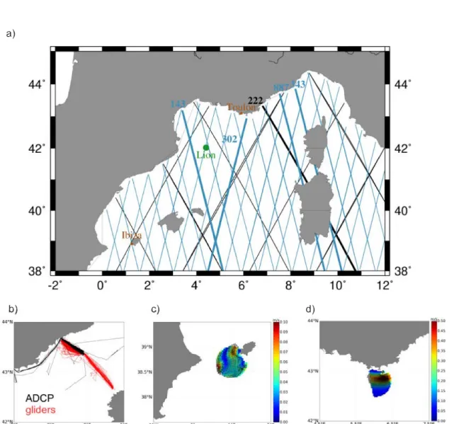 Figure 2.1 – Intruments utilisés dans cette thèse. a) Traces altimétriques Jason 2 (en noir) et SARAL (en bleu) en Méditerranée Nord-Occidentale