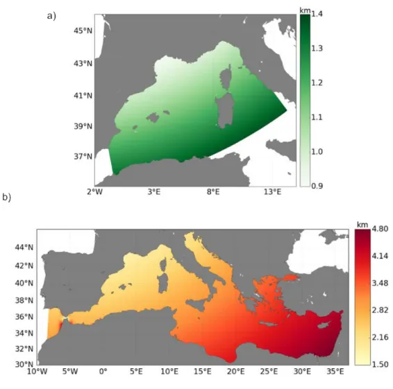 Figure 2.8 – Résolution spatiale et domaine des deux simulations Symphonie : a) S-WM111- S-WM111-23052015 et b) OLYMPE1